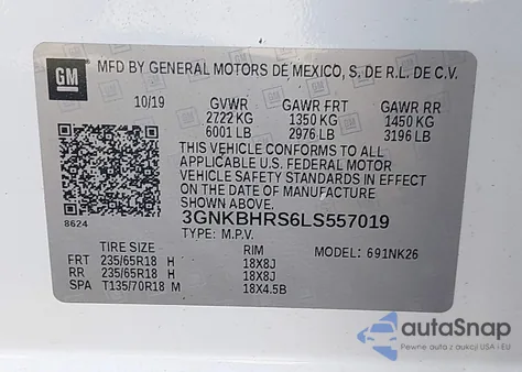 2020 Chevrolet Blazer Awd 2Lt из США, поврежденный, VIN 3GNKBHRS6LS557019